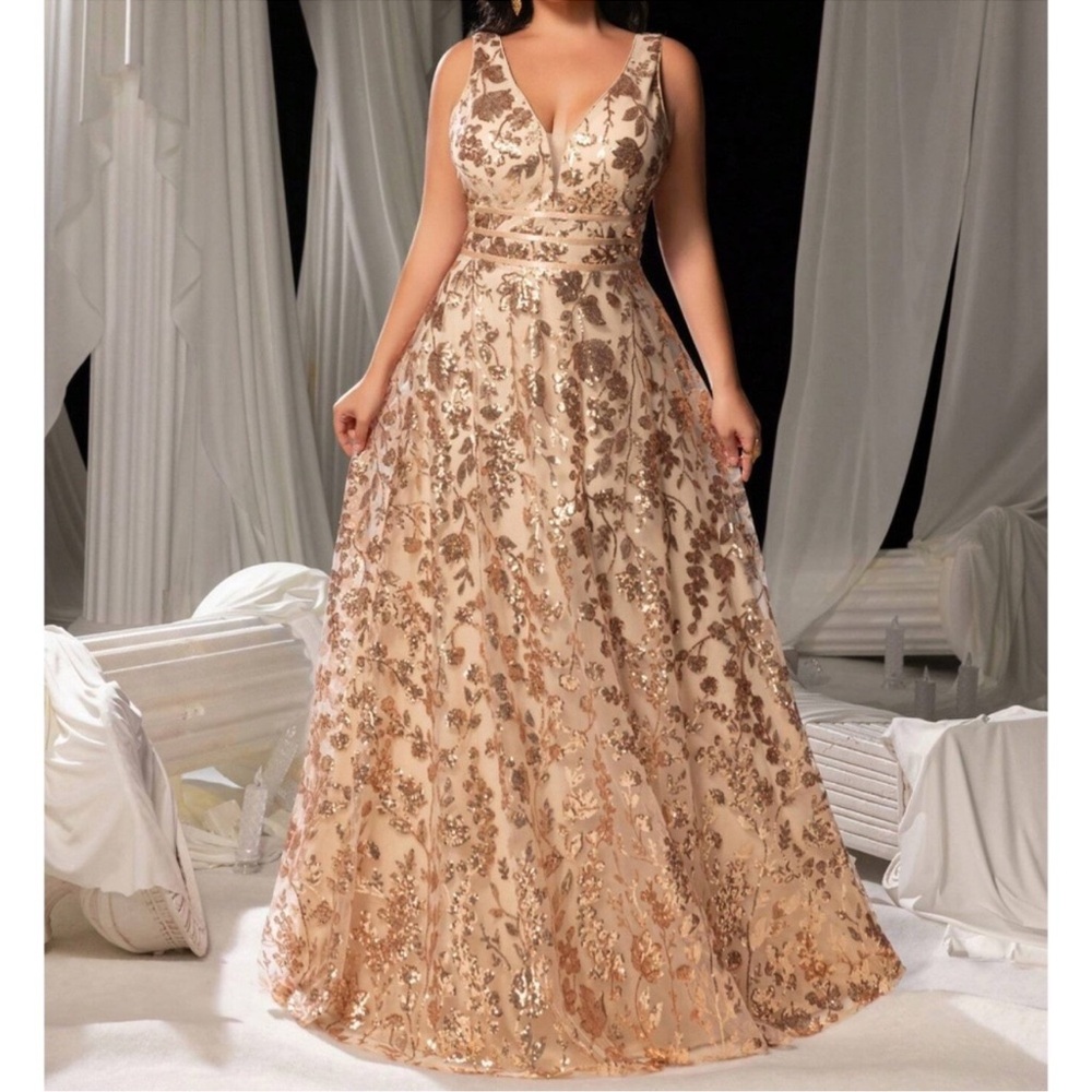 Plus Champagne Floral Sequin Mesh Formal Black Tie Wedding Dress 1X 2X 3X 4X 5X